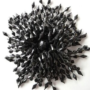 Brooch Pin Black‎ Faceted Beaded Flower Starburst Costume Jewelry